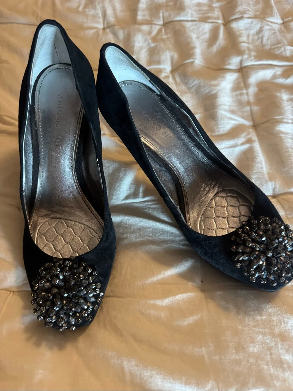 Antonio Melani Black Jeweled Suede Pumps